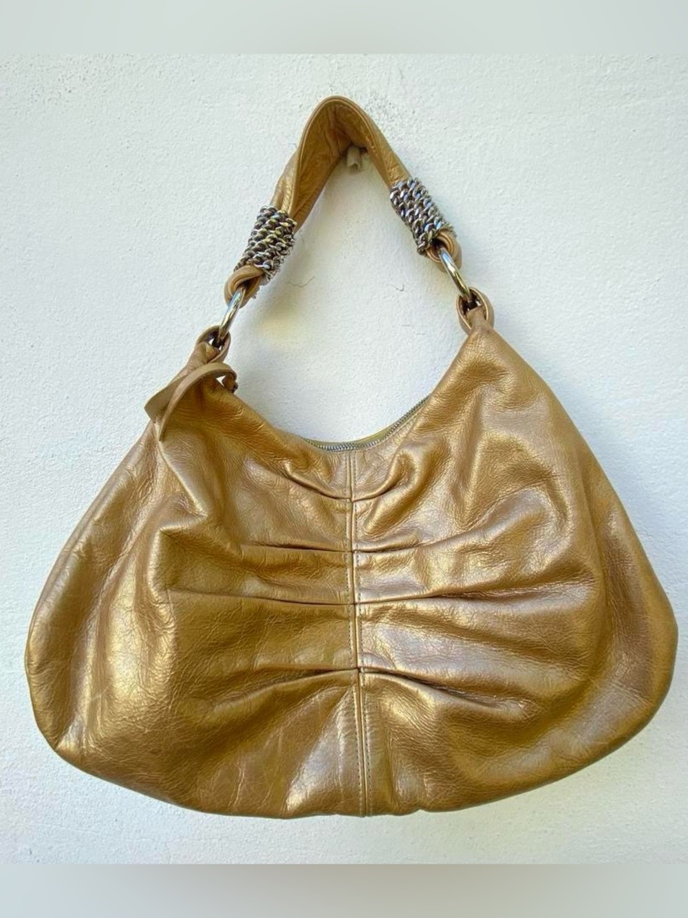 Y2K Jewels Gold Leather & Silver Chain Hardware Ruched Shoulder Bag